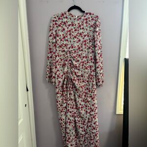 Pink Floral Long-Sleeve Midi Dress with Ruched Detail